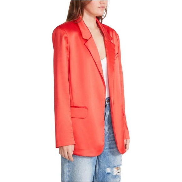 BB Dakota Steve Madden Smooth Talk Blazer Satin Open Front Red XS New Oversized - Picture 3 of 14